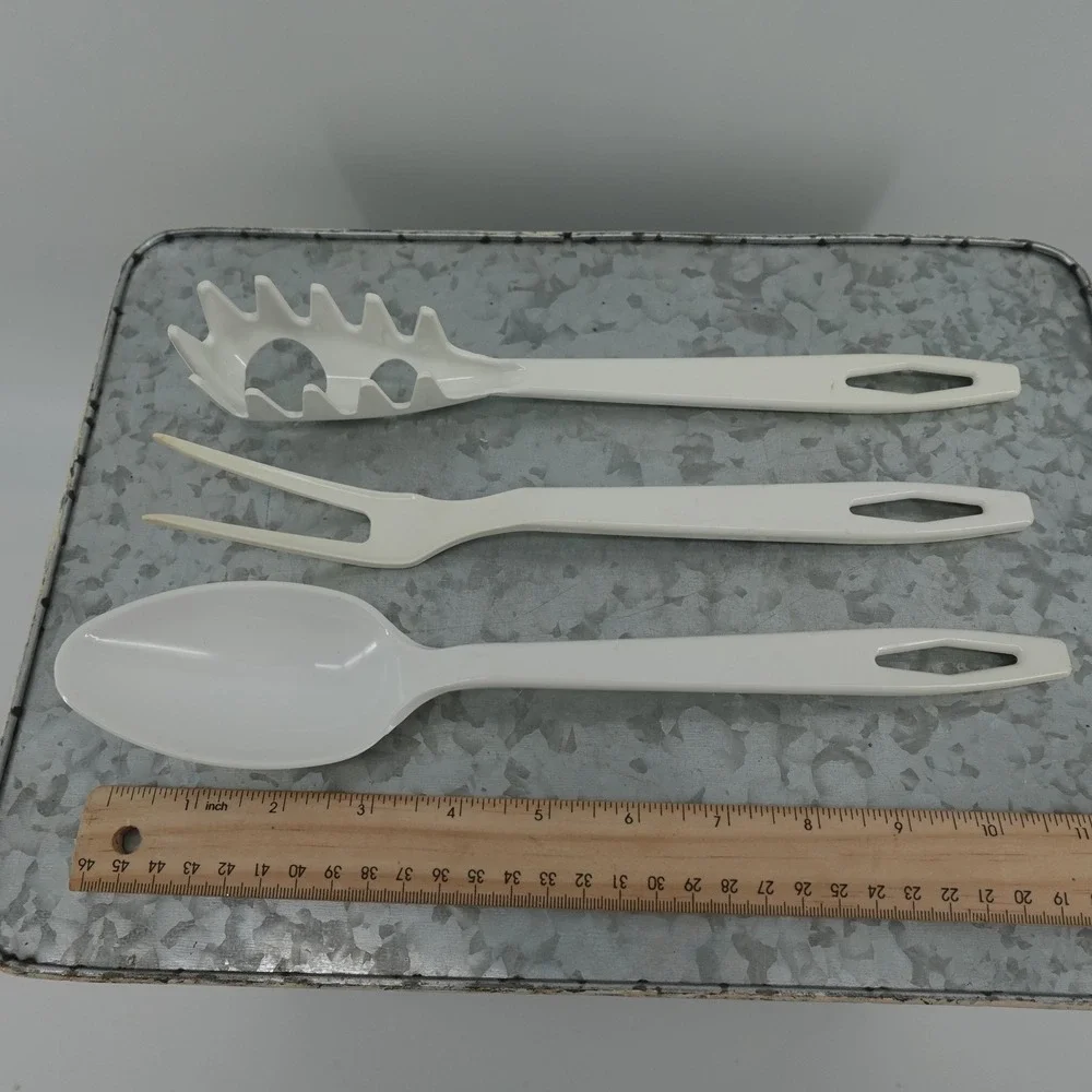 VTG White Melamine Kitchen Utensil Set Pasta Server Fork Spoon‎ 3 Piece 11 Inch